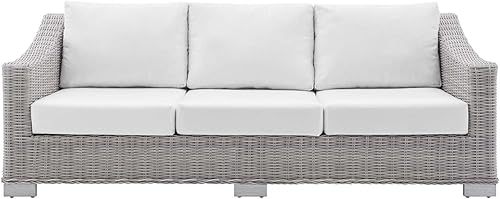 Miniatura 6 de Modway Conway Sunbrella - Sofá de mimbre para patio al aire libre, 36 x 78 x 28 pulgadas, gris claro y blanco