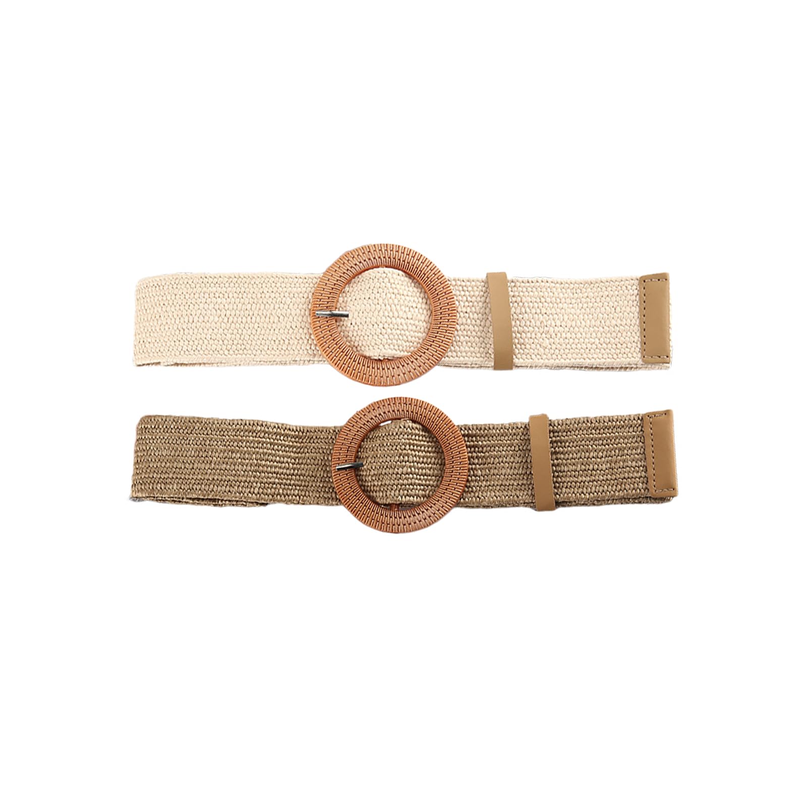 Acpetdr Women's Multicolour Elastic Straw Woven Waist Belt - Boho Style Braided Dress Belt Stretch Waist Beltwith Buckle(2 Pack)