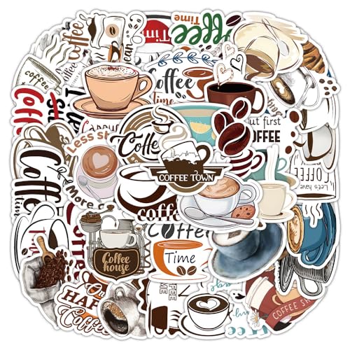 Aesthetic Coffee Theme Stickers - 50 Waterproof Funny Coffee Sticker for Water Bottle, Vinyl Decals for Laptop Phone Pad Kindle Scrapbook Journal Party Favors (Coffe World)
