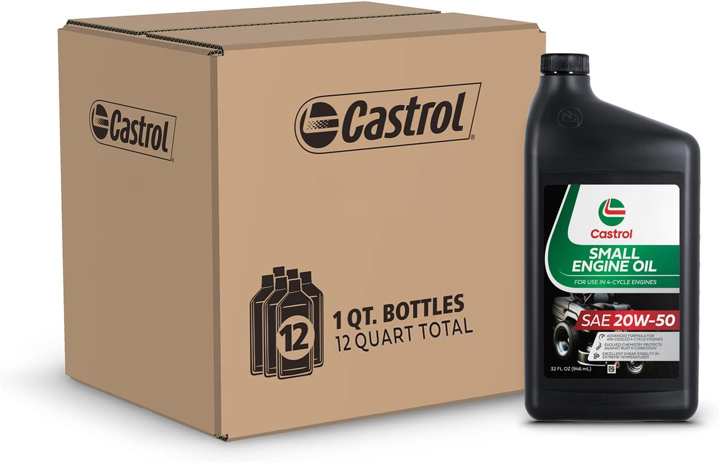 Castrol SAE 20W50 Small Engine Oil For Use in 4-Cycle Air Cooled Engines – Ideal For Outdoor Power Equipment, Lawn Mowers, Tractors, and More (Pack of 12 (Quart bottles))