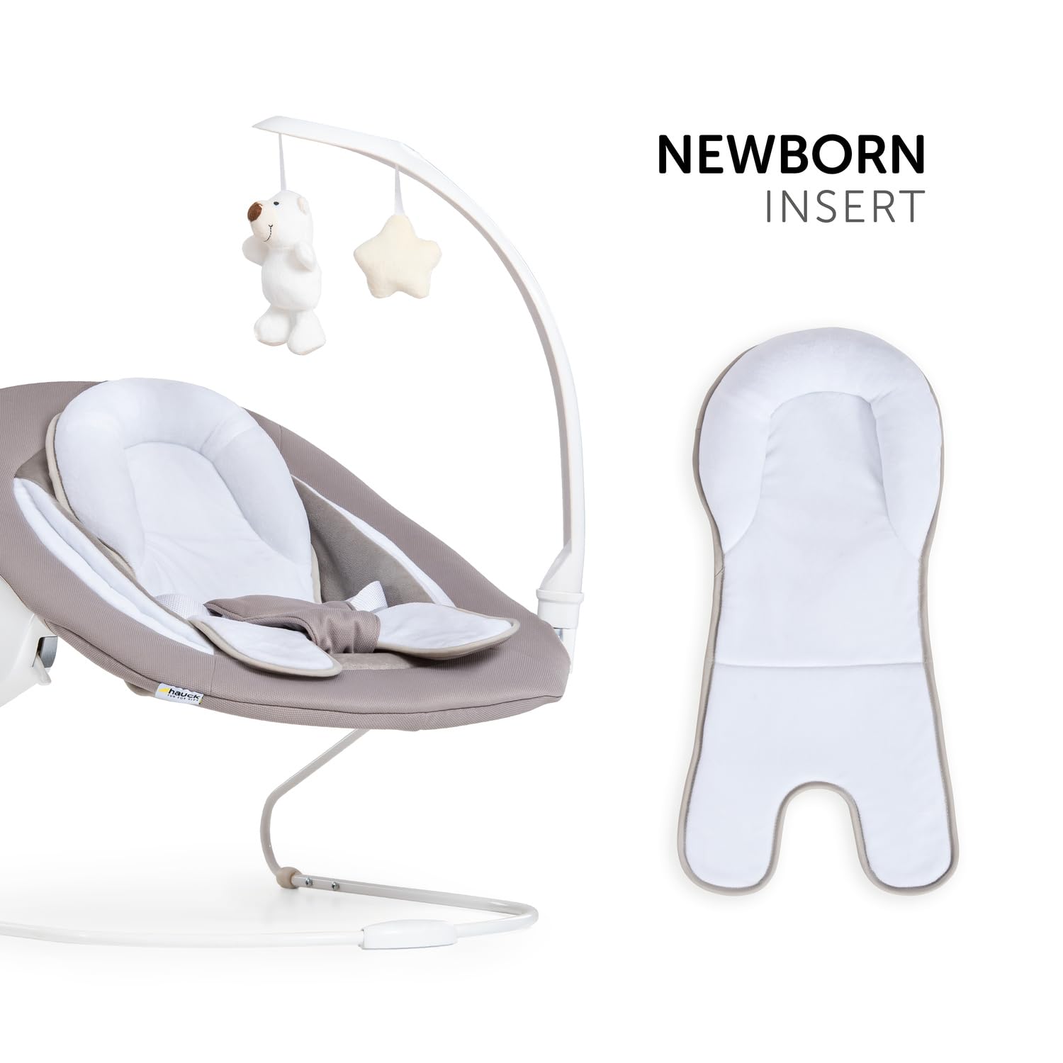 hauck Transat Bebe Éveil et Réducteur 2en1 Deluxe, Inclus Arche de Jeux et Structure à Bascule, Compatible Chaise Haute Bébé Alpha+ et Beta+, dès Naissance jusqu’à 9 kg, Harnais 3 Points, Sand Beige