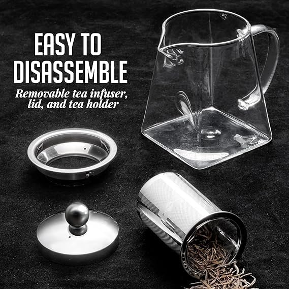 Image of Glass Teapot with Stainless Steel Infuser & Lid, Borosilicate Glass Tea Kettle Stovetop Safe, Blooming & Loose Leaf Teapot,Glass Square Pot (750ML /26oz) (Square)