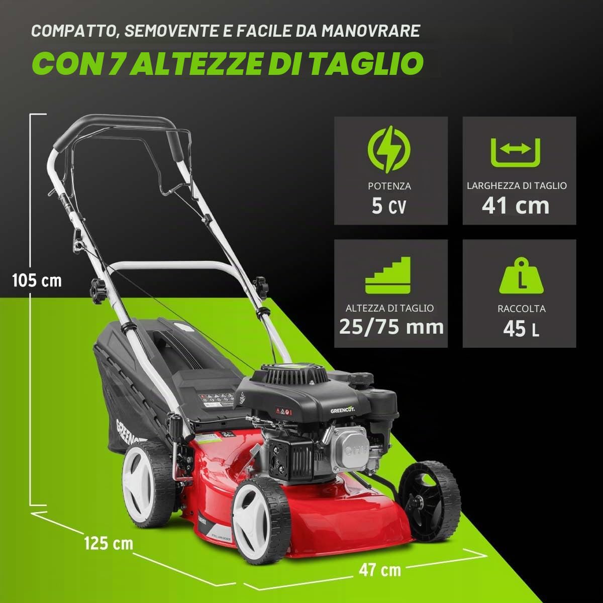 GREENCUT GLM690X – Rasaerba a benzina 132cc semovente, avviamento manuale, larghezza 41 cm, altezza regolabile, sacco 45 L, per giardini fino a 1100 m²