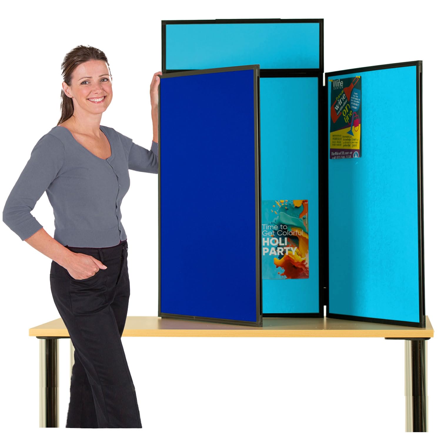 Wonderwall Foldaway Display 3 Panel Kit, Portrait Double-Sided Royal Blue/Cyan on Reverse, Includes Bag, Header & Adhesive Tabs - for Schools, Office, Exhibition, Fairs, Healthcare