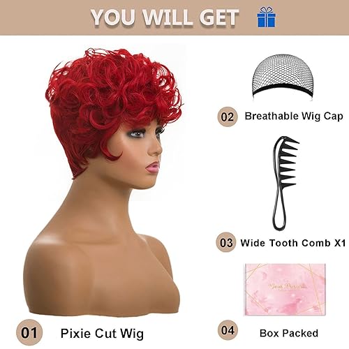Miniatura 2 de Pelucas cortas rizadas rojas para mujeres negras, peluca de corte Pixie rojo con flequillo, pelucas de cabello sintético ondulado natural, peluca de