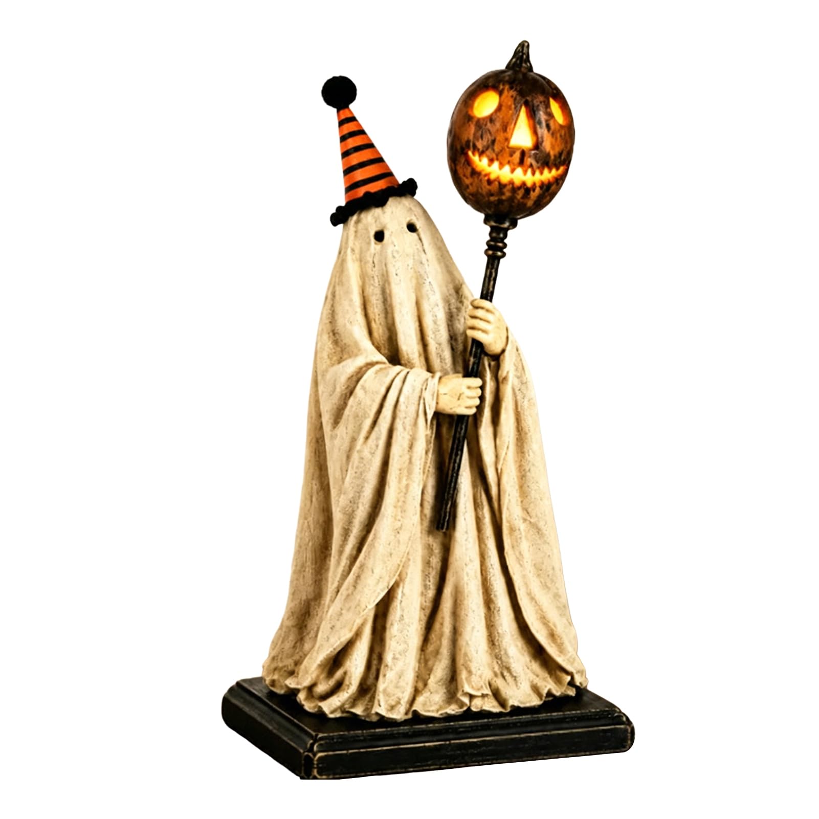 Pasisuu Vintage Ghost Figurine with Glowing Pumpkin Scepter Decoration