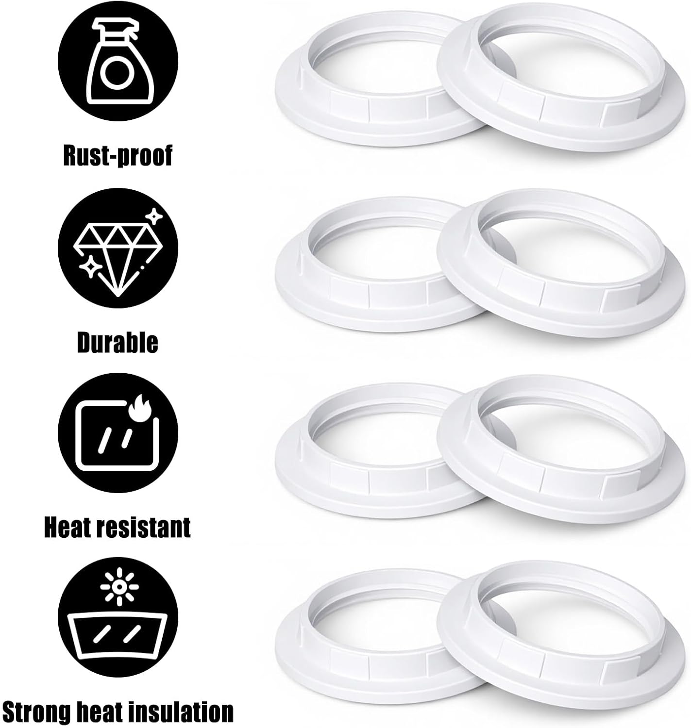 8Pcs Lamp Shade Adapter Ring E26/E27 Sockets Standard Lamps Shade Rings Plastic Lamp Shades Collar Ring for Light Fixture, Od 58mm/Id 38mm, Fits 1-1/2" Threads(White)