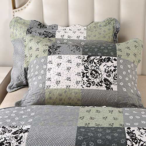 Vinilite Soft Reversible Quilt Set Queen Size, 3 Piece Microfiber Checkered Patchwork Quilted Bedspread Coverlet Bedding Set For All Season With 2 Pillow Shams, Floral Pattern Stitching, Gray #TOP6