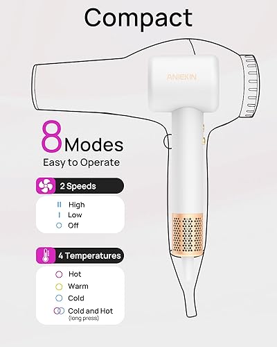 Miniatura 6 de Secador de pelo, Secador de pelo iónico de alta velocidad de bajo ruido con motor sin escobillas para secado rápido, Secador de pelo termo-control