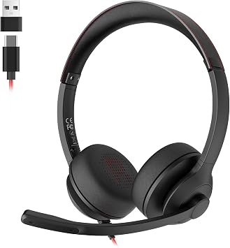 USB Headset with Microphone for PC/Laptop, Wired Headphones with Noise Cancelling Mic, USB C & USB A, All-day Comfort, Lightweight Computer Headset for Home Office, Call Center, School, Remote Work