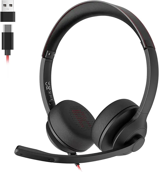 USB Headset with Microphone for PC/Laptop, Wired Headphones with Noise Cancelling Mic, USB C & USB A, All-day Comfort, Lightweight Computer Headset for Home Office, Call Center, School, Remote Work