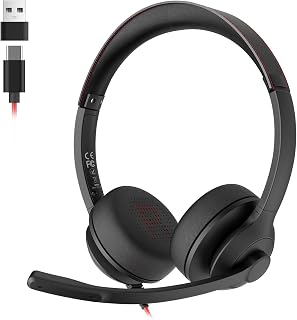 USB Headset with Microphone for PC/Laptop, Wired Headphones with Noise Cancelling Mic, USB C & USB A, All-day Comfort, Lightweight Computer Headset for Home Office, Call Center, School, Remote Work