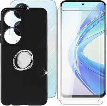Cover for Honor X7b 6.80" + Screen Protector2 Pack, Ultra Thin Silicone Cover Shockproof Bumper Anti-Scratch Case with Phone Ring Holder Adjustable 360 - Black