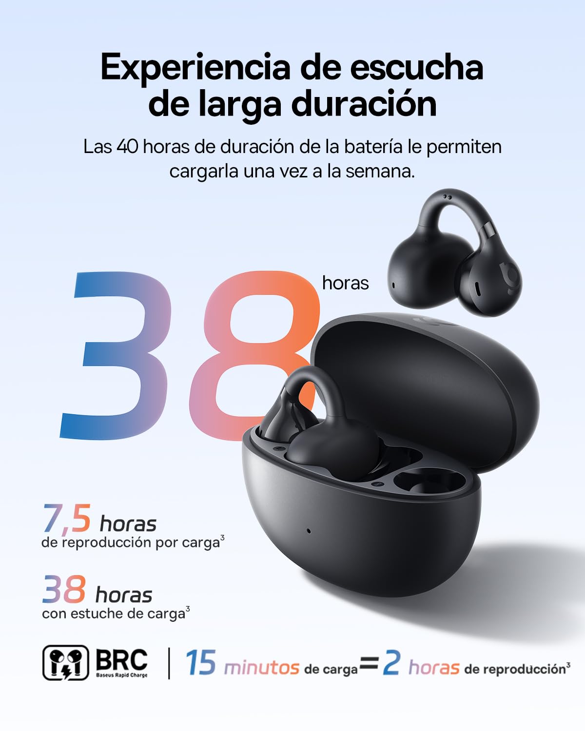Baseus BC1 Audífonos de Oreja Abierta, Clip para Orejas, Sonido Impresionante, Refuerzo de Bajos Adaptable, Bluetooth 6.0, reducción de Ruido en Llamadas, IP55, 38 Horas de batería, Ligeros