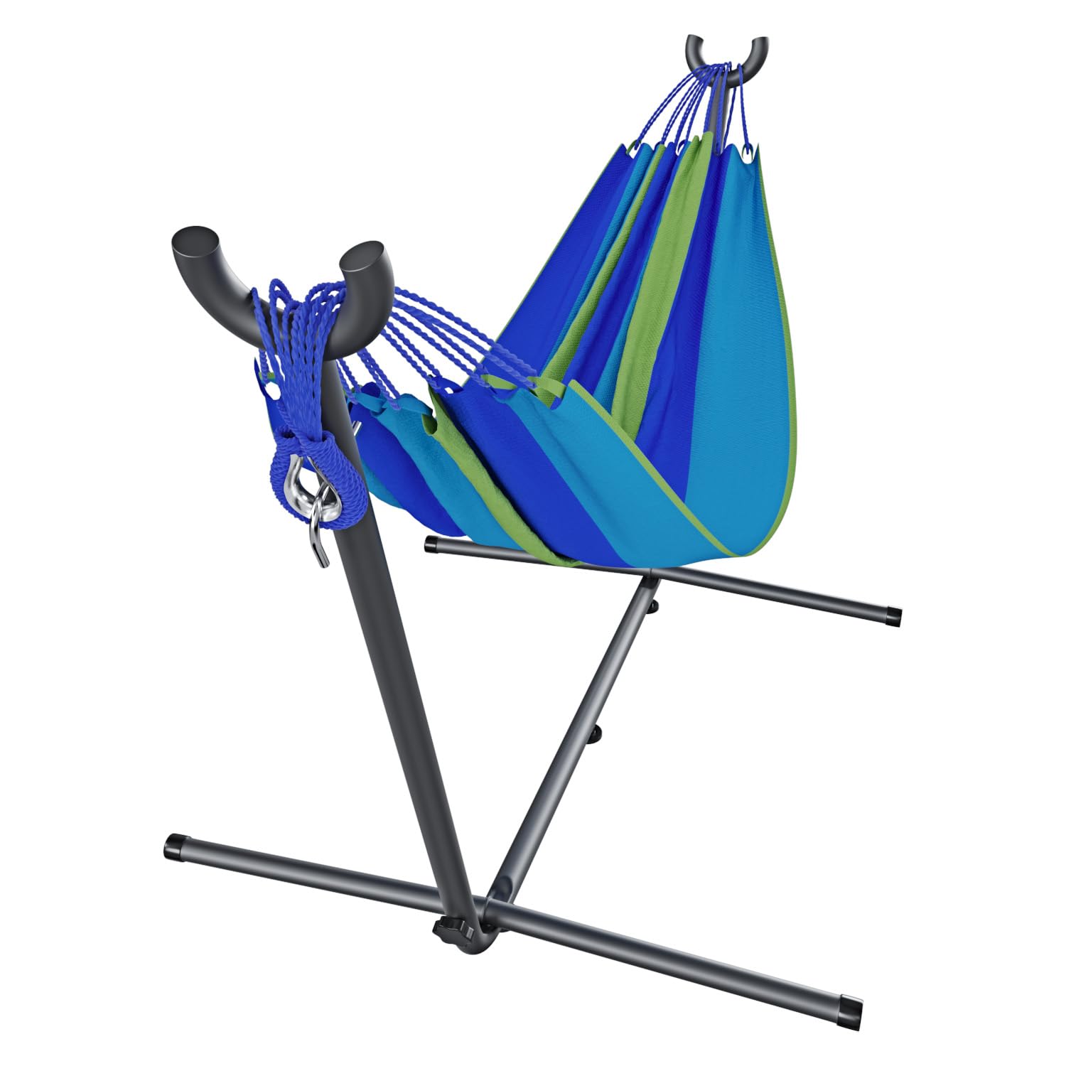 BRICOZONE Amaca con Supporto Brasiliana Tessuto Cotone 250 cm Portata 200 kg Autoportante Struttura di sostegno in Acciaio Borsa Custodia Trasporto Inclusa Spiaggia Campeggio Terrazzo Balcone (Blu)