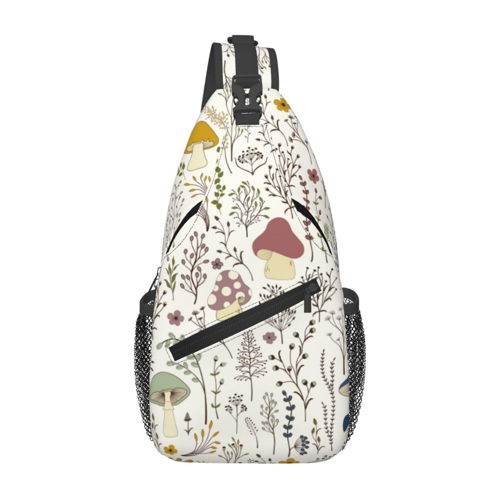 SURERUIM Cute Wild Plant Sling Bag Colorful Wildflowers Mushrooms and Cute Fungus on White Background Crossbody Backpack Botanical Design Chest