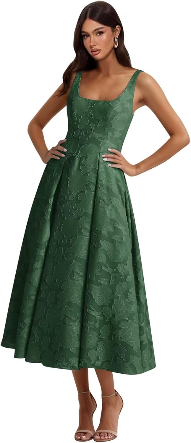 Basgute Floral Lace Bridesmaid Dresses for Women Tea Length A Line Pleated Wedding Guest Dress Formal Gown