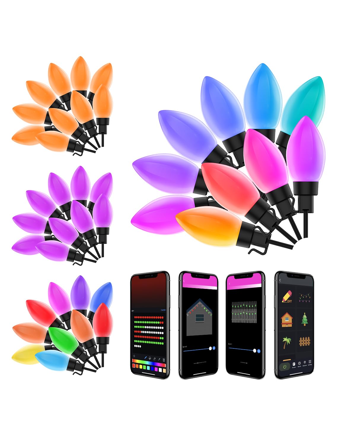 Christmas Lights C9 Custom Display, 66FT 100LED Ceramic Bulb Preset Modes APP Group Control Color Changing Outdoor Christmas Lights, Timer Waterproof Extendable for Party Xmas Christmas Tree Decor