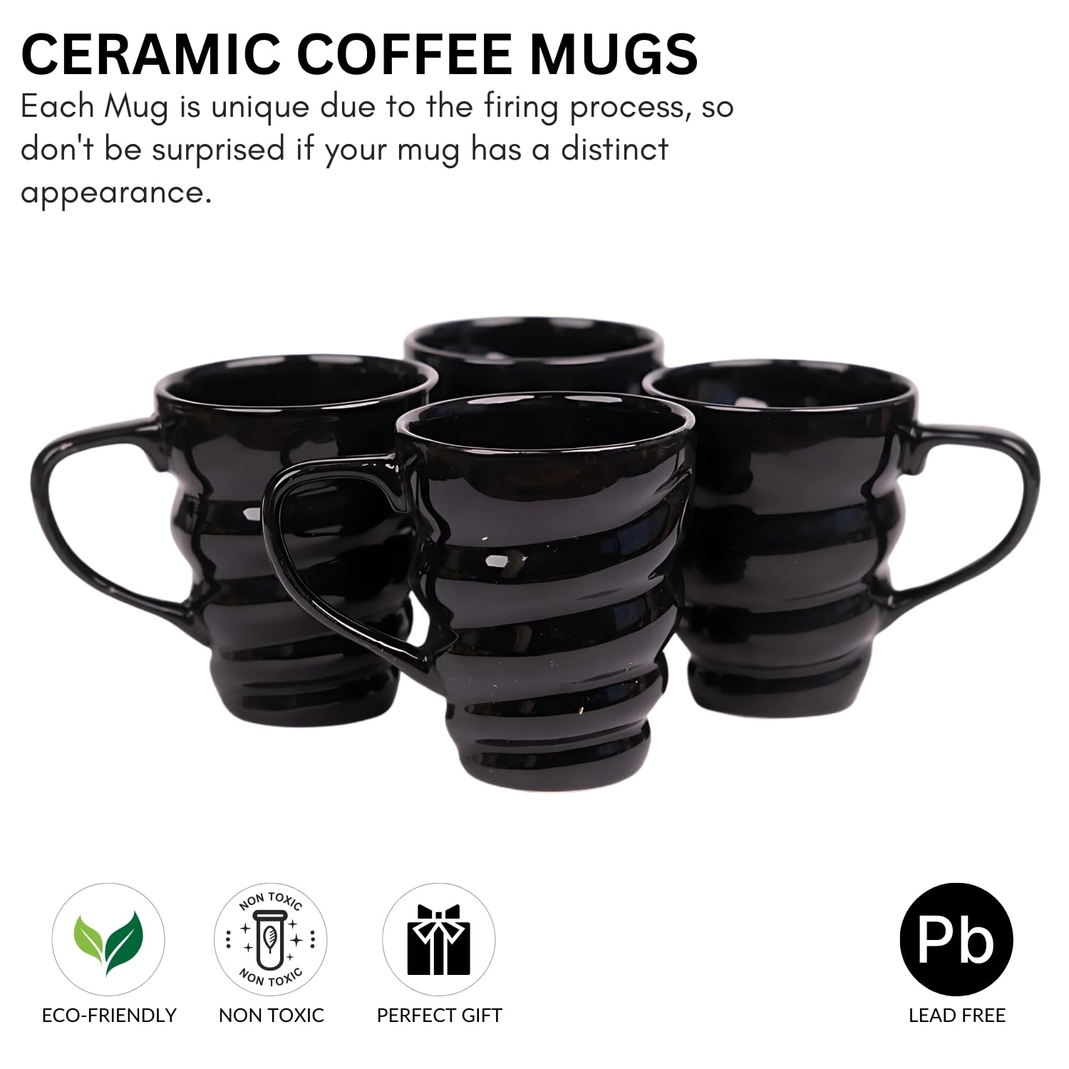 VarEesha Ebony Black Spiral Ceramic Ceramic Tea/Coffee Mugs 4 Pcs, 200Ml | Microwave & Dishwasher Safe Tea/Coffee Mug | Gifting and Daily Use Coffee Cups Set 1