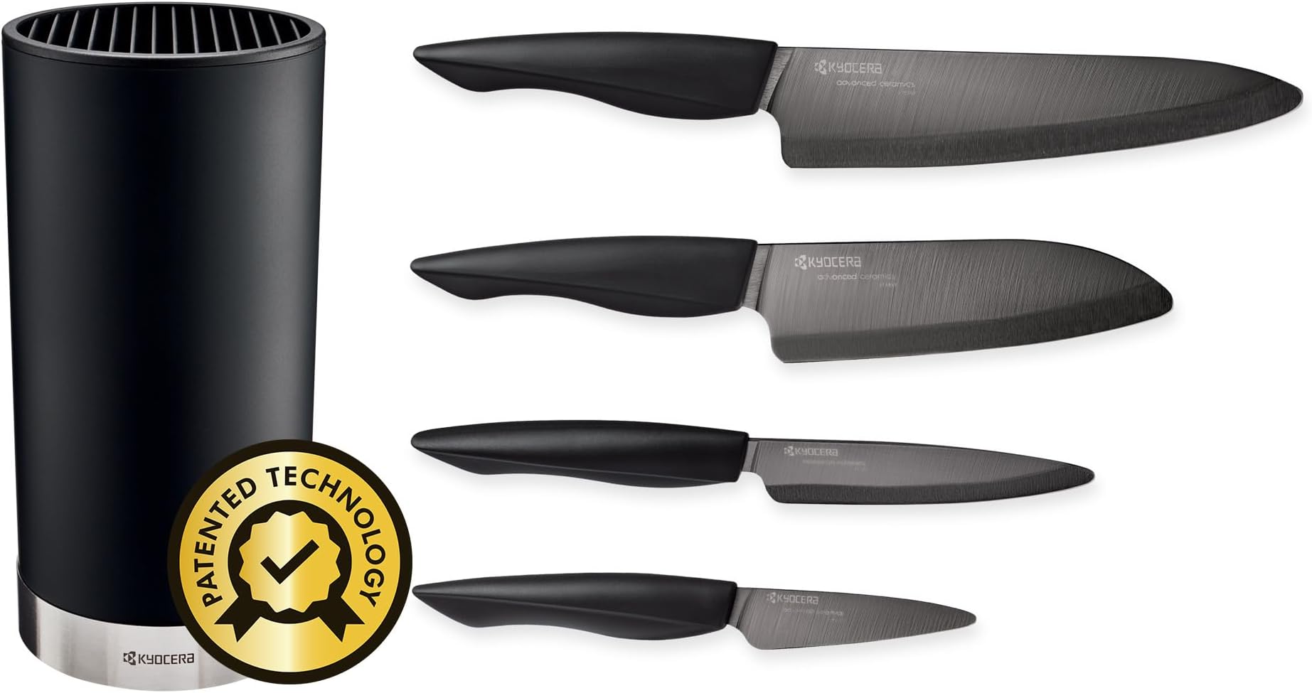 Kyocera Universal Round Soft Touch Knife Block, 8.8" x 4.3", Black and Innovation Series 4Piece Ceramic Knife Set, Black Blade, Black Handle (Bundle)