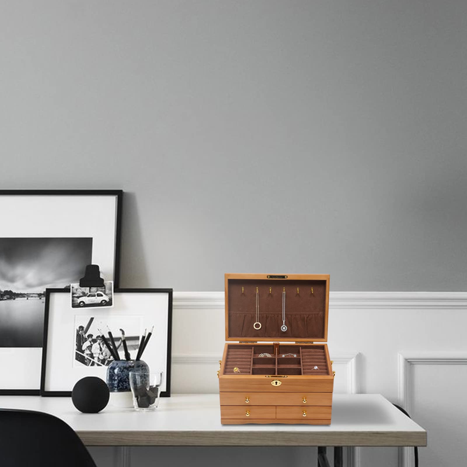 Schmuckkasten, 3 Schichten Holz Schmuckkästchen Großer Kapazität Schmuckschatulle mit Schloss,Vintage Braun Schmuckbox Geschenk für Mutter Freundin Damen