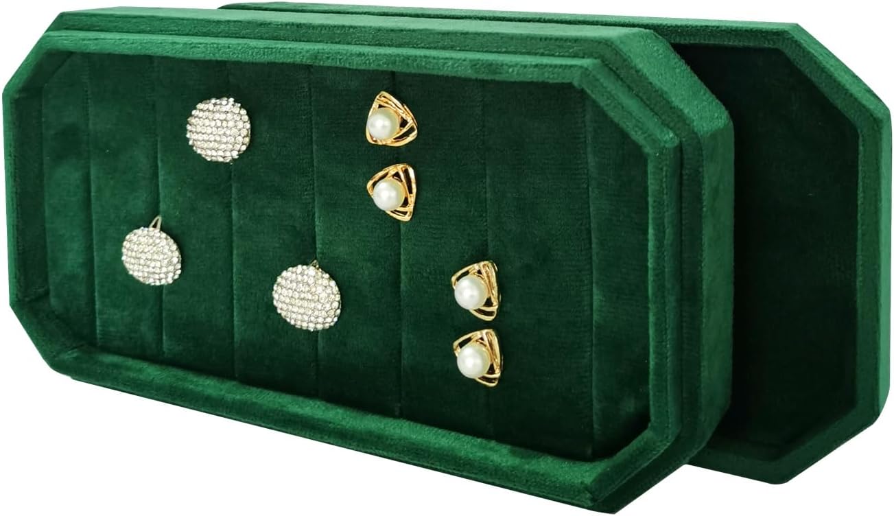 Large Ring Case Organizer Velvet Jewelry Display Box 7 Slots Showcase With Lid for Earrings Rings(Green)