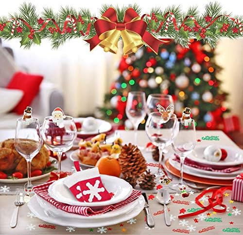 SNAGAROG Christmas Table Decoration Kits 6 Pcs Christmas Stocking Cutlery Holder 6 Pcs Xmas Wine Glass Charms 30 Pcs Xmas Glass Decoration Cards 1 Pack Christmas Confetti for Xmas Party Favors Decor