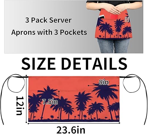 Miniatura 4 de Palm Trees Silhouette 3 Pack Server Aprons with 3 Pocket Waterproof Womens Half Waist Aprons for Cooking Dishwashing Kitchen Gardening Salon