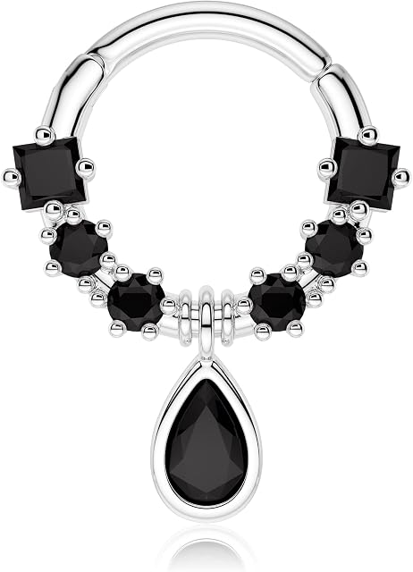 Melighting 16G Helix Earrings Hinged Segment Ring Black Gem Septum Rings Dangle Teadrop Septum Piercing Jewellery Cartilage Daith Earrings Daith Piercing Jewellery