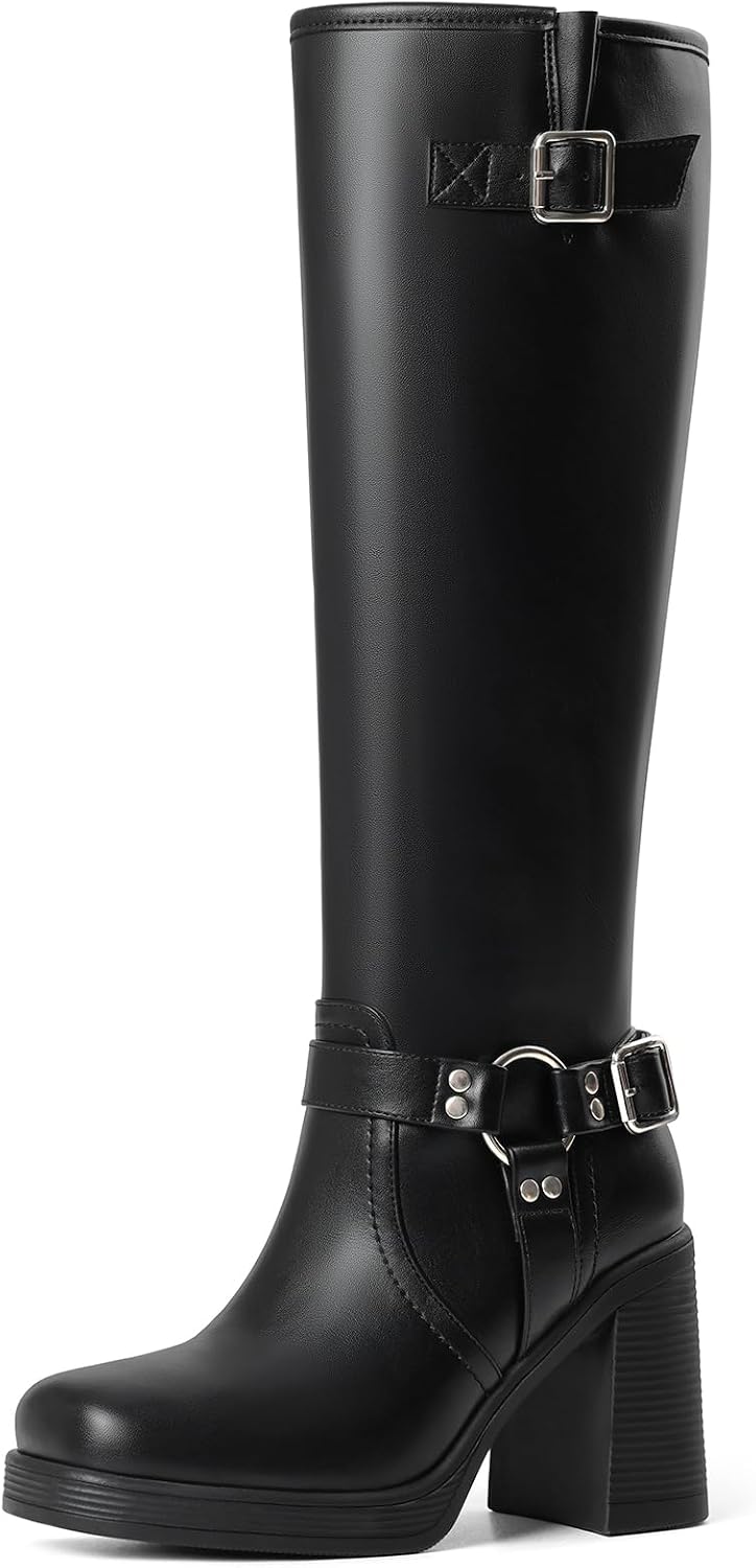 AOSPHIRAYLIAN Knee High Boots Women Black Boots Square Toe Leather Shoes