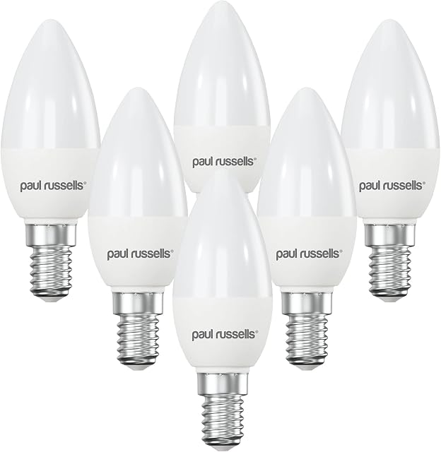 paul russells E14 Small Edison Screw LED Light - Pack of 6 - 3W 25W Bulbs 250LM Lumens 4000K C37 SES Candle - Bright Energy Saving Lightbulbs Non-Dimmable  Cool White Frosted
