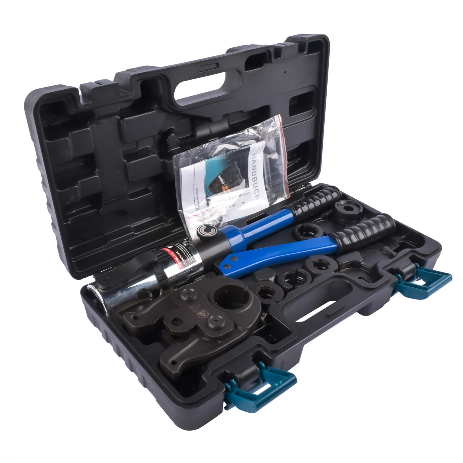 Profi Presszange V-Kontur (hydraulisch) 12-15-18-22-28 Set Presswerkzeug mit 360° drehbarem Kopf für Kupferrohr, Edelstahlrohr, Edelstahlrohr, Backeneinsätze V12, V15, V18, V22, V28, Blau