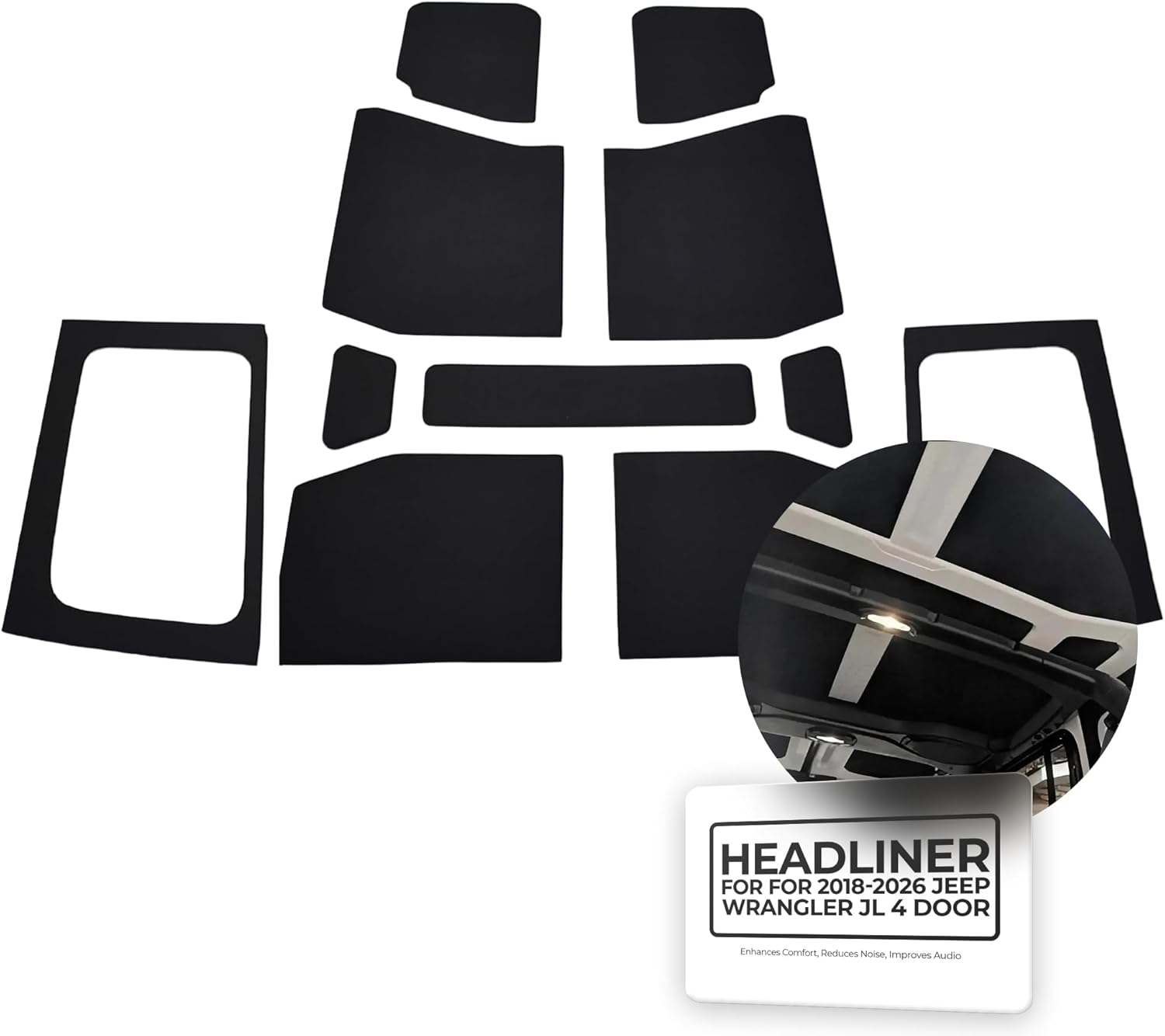 Hothead Headliners Insulating Headliner for 2018-2026 Jeep Wrangler JL 4 Door Hard Top - Enhances Comfort, Reduces Noise, Improves Audio | Includes Side Window Panels & Sound Assassin Strips | Black