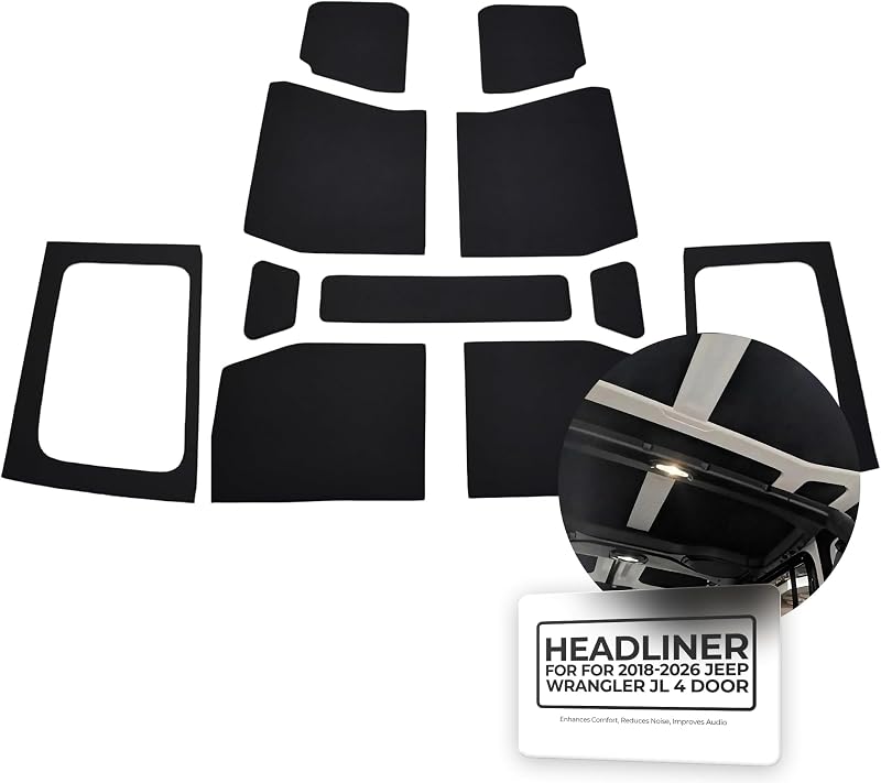 Forro de teto isolante Hothead Headliners para Jeep Wrangler JL 4 portas com teto rígido – Preto, com painéis laterais e tiras Sound Assassin – Kit