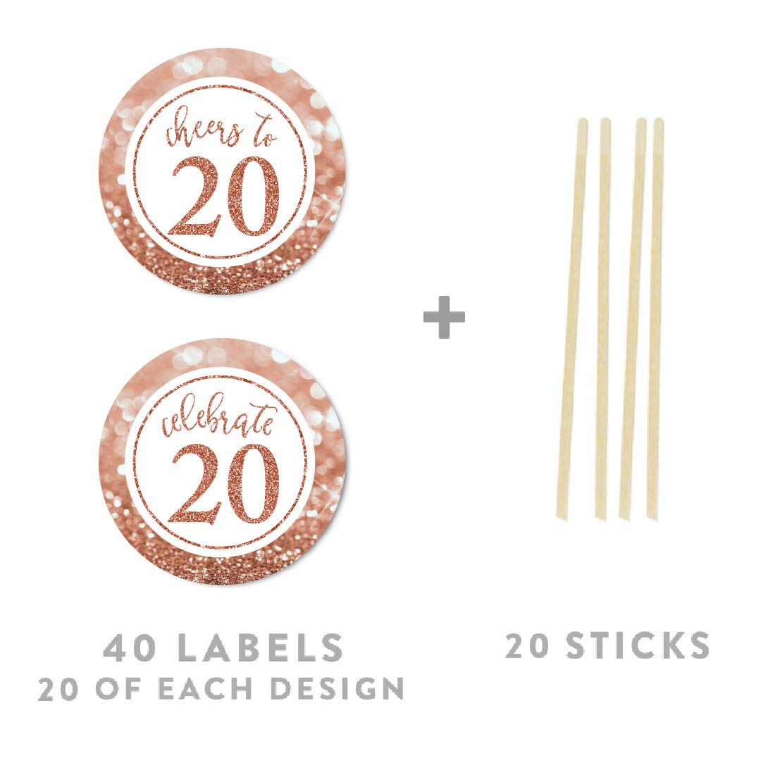 Andaz Press Glitzy Faux Rose Gold Glitter Round DIY Cupcake Toppers, Cheers to 20 Years, 20th Birthday or Anniversary, 20-Pack, Cake Dessert Party Decor