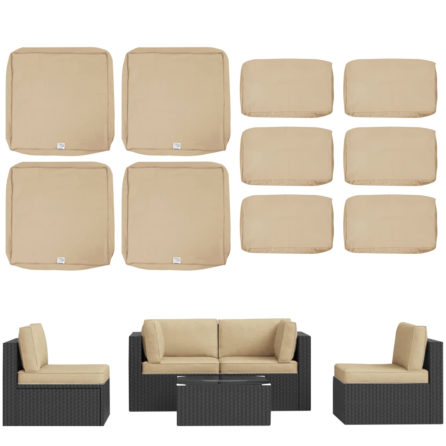 ClawsCover 10 Pack Outdoor Seat and Back Cushions Replacement Covers Fit for 5 Pieces 4-Seater Wicker Rattan Patio Conversation Set Sectional Couch Chair Furniture,Khaki-Including Cover Only