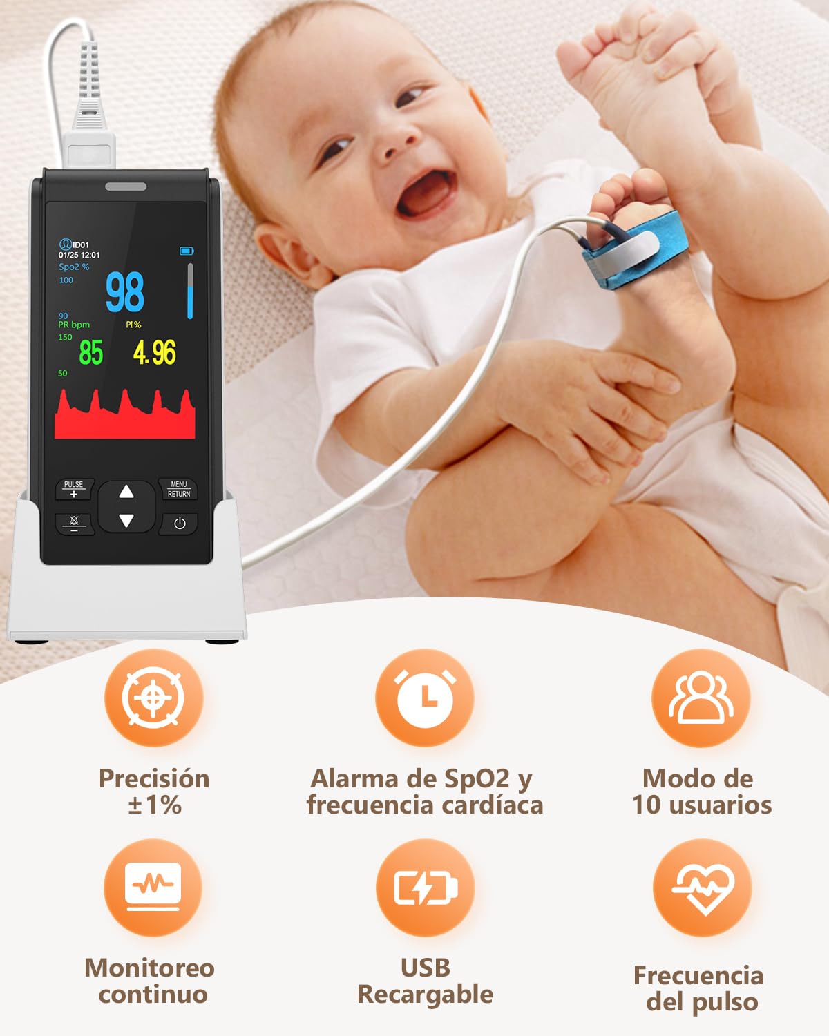 HealthTree pulsioximetro pediatrico portátil, oximetro pediatrico recargable,medidor saturacion oxigeno, Comprobar los niveles de oxígeno, la frecuencia cardíaca y el índice de perfusión