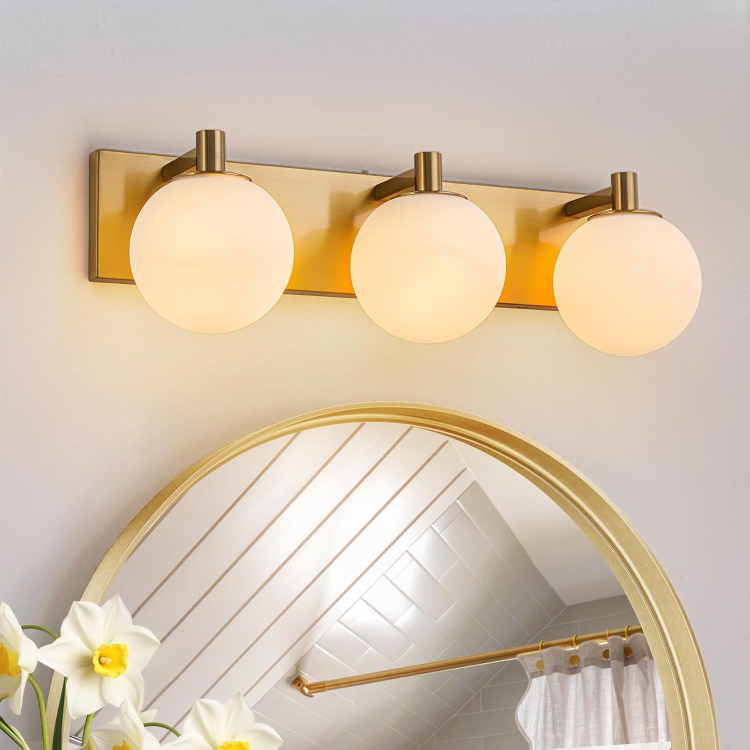 Mid-Century Modern Bathroom Light Fixtures,3-Light Brushed Gold Vanity Lights Over Mirror,22.05" Wall Sconce with Opal Milky White Globe Glass Shades,Dimmable Wall Lights for Bathroom,Bedroom