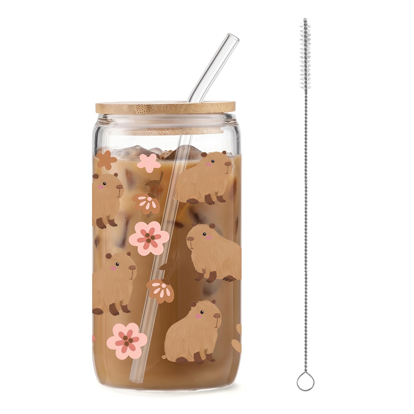 Capybara Tazza, Bicchiere con Coperchio E Cannuccia, Motivo Capybara E Fiori, Vetro A Tema Animale per caffè, Contenuto 470ML, Bicchiere Cartoon(B)