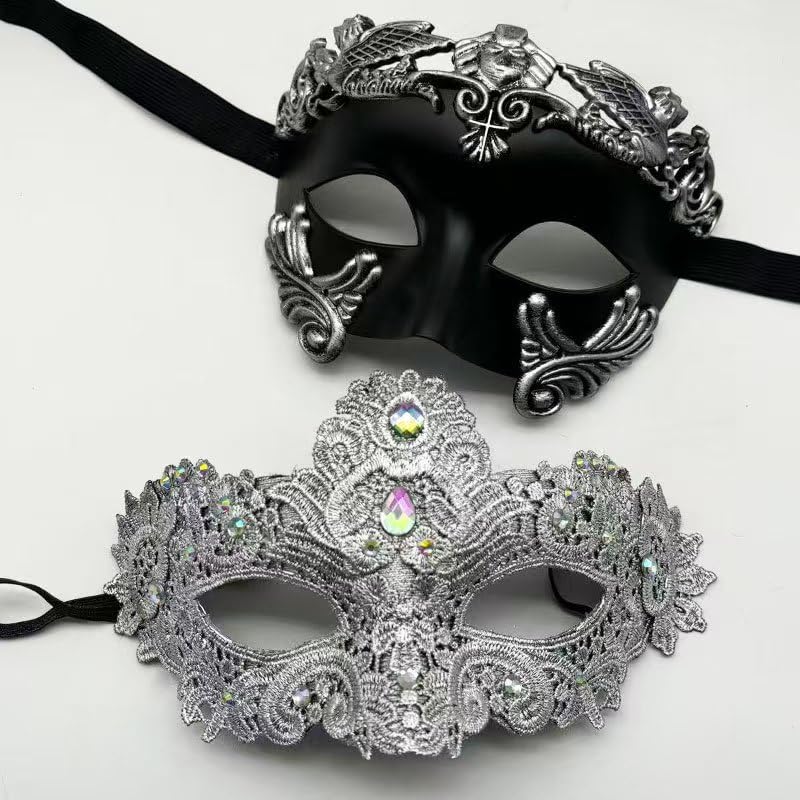 MZinge Couple's Masquerade Masks Set – Luxury Lace & Antique Roman Greek Venetian Style for Prom, Halloween, Mardi Gras Wedding & Costume Party (silver)