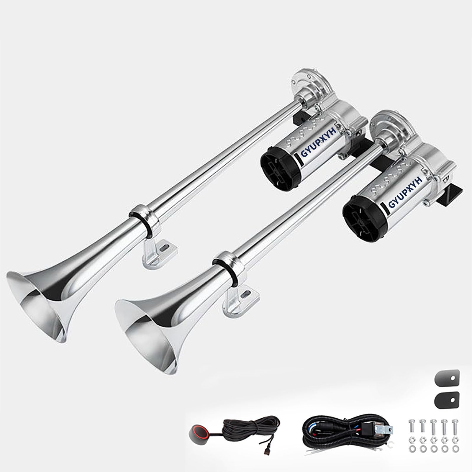 Trompette Tracteur 12v avec Compresseur Double Trompe en Zinc Chromé 150dB avec Relais et Bouton pour Camion, Voiture, Train, Bateau, SUV (Chromé)