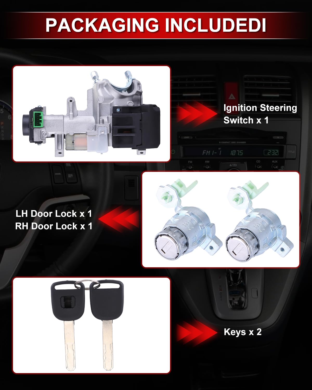 Ignition Switch Lock Cylinder Assembly for Honda CRV 2002 2003 2004 2005 2006 Front Door Lock Cylinder Left & Right with 2 Keys Replace OE 72185-S9A-013