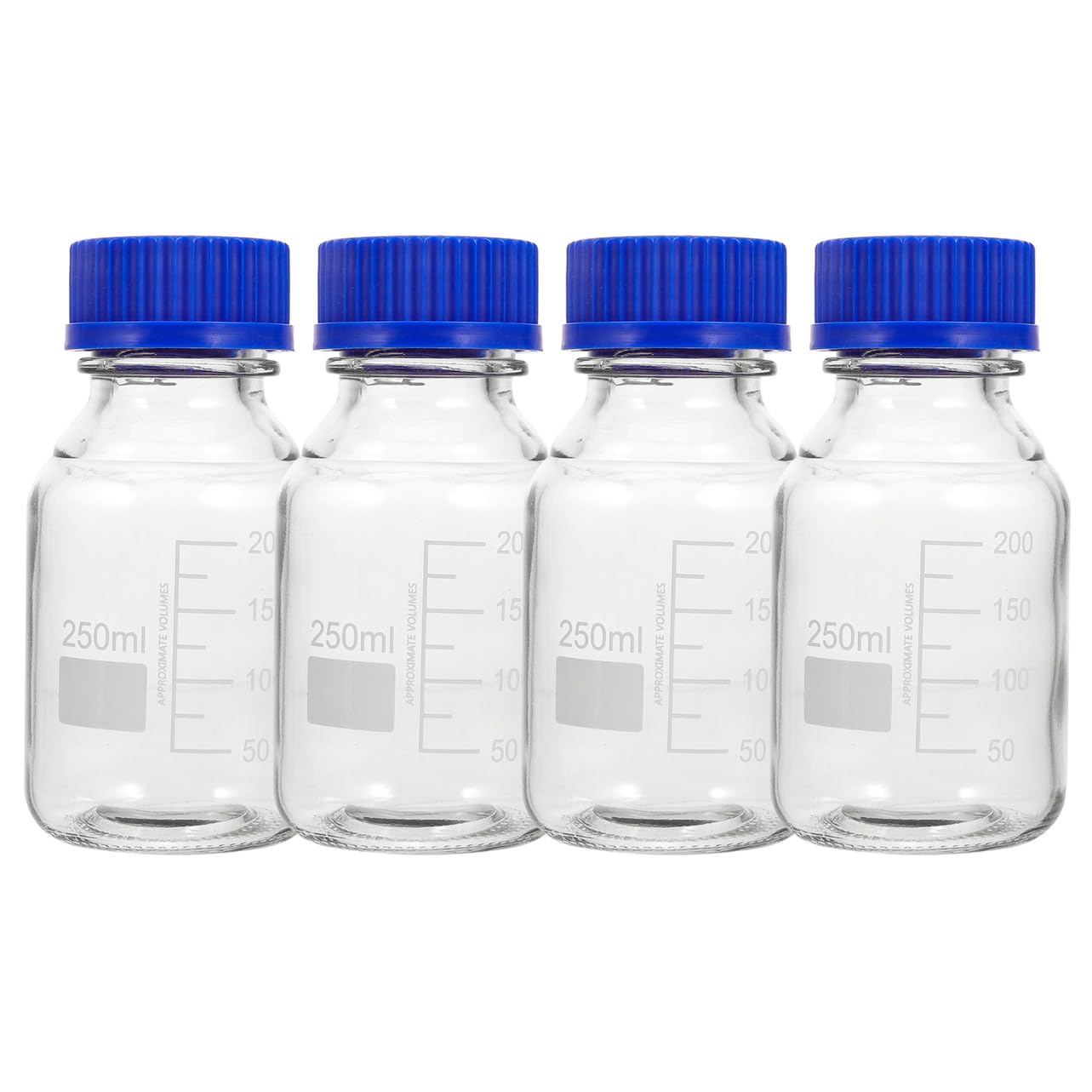 Luxshiny Flacone di Reagente in Vetro 250ml con Tappi a Vite Blu, Bottiglie Graduati Quadrate per Conservazione Liquidi Chimici, Set da 4 Pezzi per Laboratorio, Industria e Uso Domestico