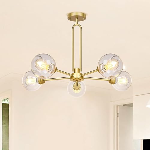 Miniatura 2 de Lámpara colgante con forma de globo, moderna lámpara de techo semiempotrada dorada con vidrio transparente, lámpara de comedor de 5 luces, lámpara