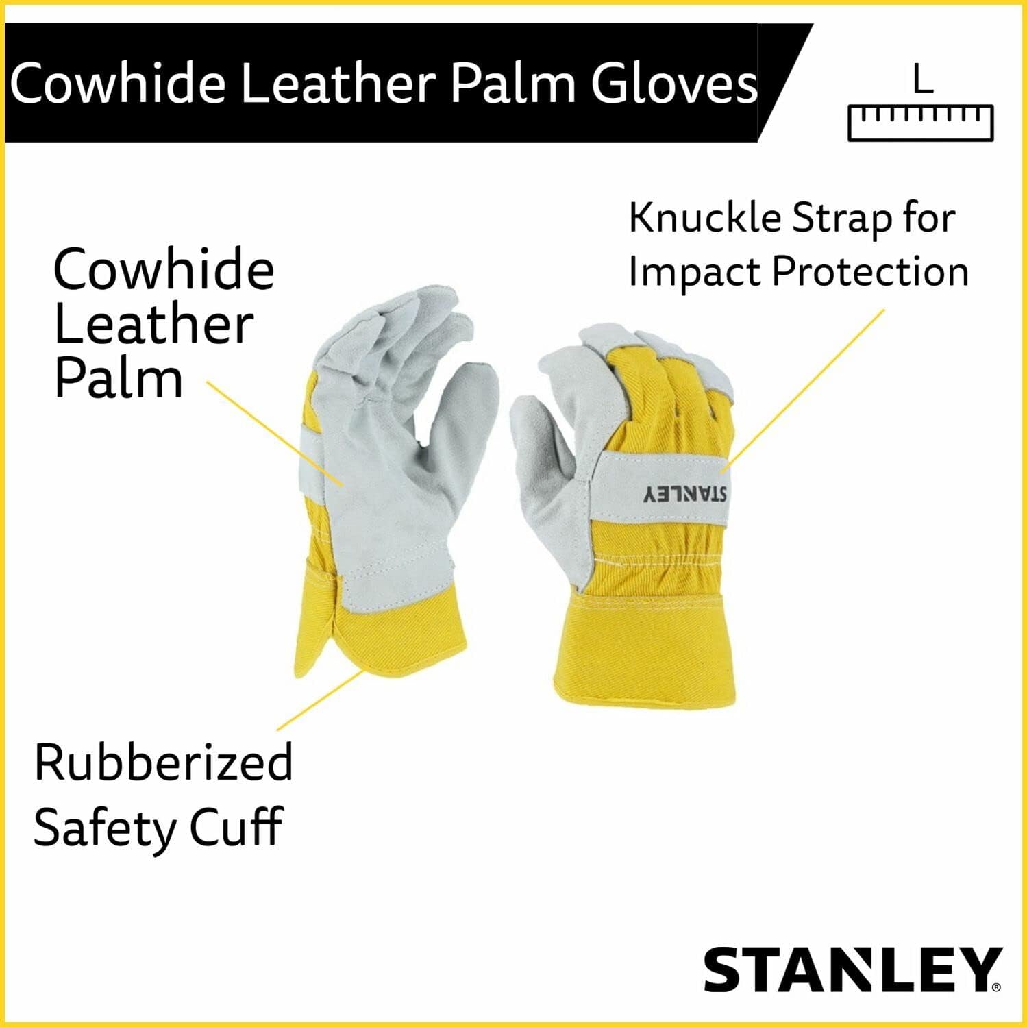 Cordova Stanley Select Cowhide spit Leather Palm Work and Safety Gloves - Yellow Canvas Back - Large, 1 Count (Pack of 1)