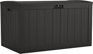 Suncast 134-Gal. Waterproof Resin Extra-Large Outdoor Patio Deck Box with Pad-Lockable Lid, Modern Outdoor Patio Bench/Storage Box for Cushions, Garden Tools, and More, Iron Ore