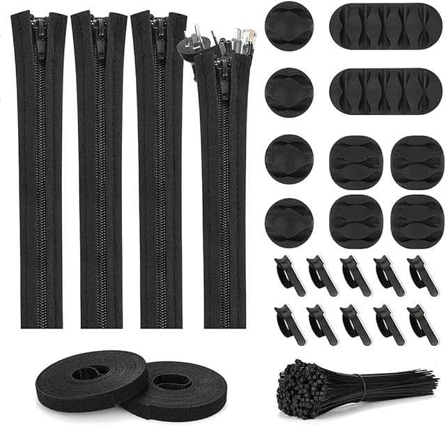 126pcs Cord Management Organizer Kit 4 Cable Sleeve with Zipper,10 Self Adhesive Cable Clip Holder,10pcs and 2 Roll Self Adhesive tie and 100 Fastening Cable Ties for TV Office Home etc (Black)