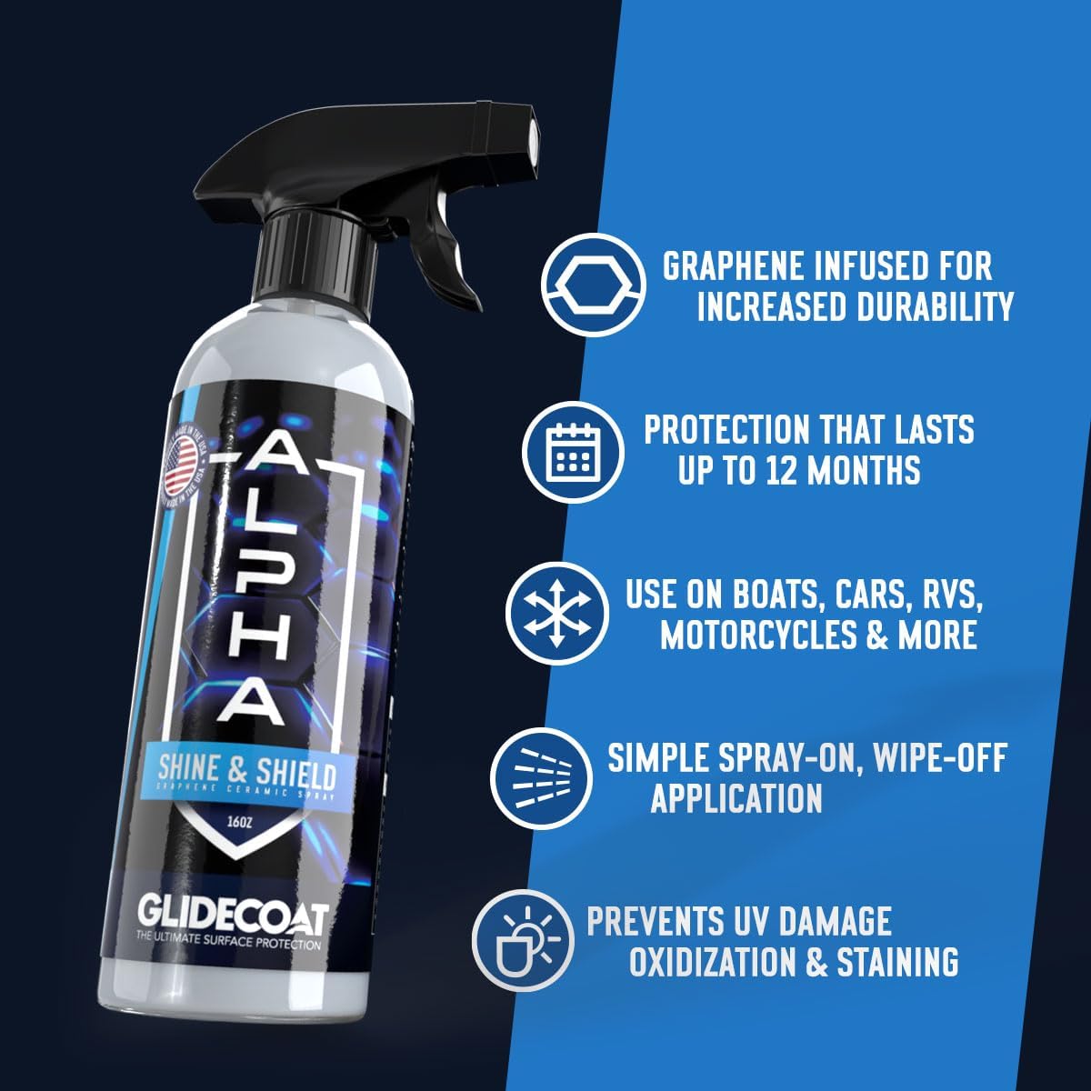 Glidecoat ALPHA Shine & Shield Graphene Ceramic Spray - 16oz - Graphene-infused Spray Sealant for Cars, Boats, RVs and Motorcycles - Up to 12 Months UV Protection, Gloss, and Hydrophobics