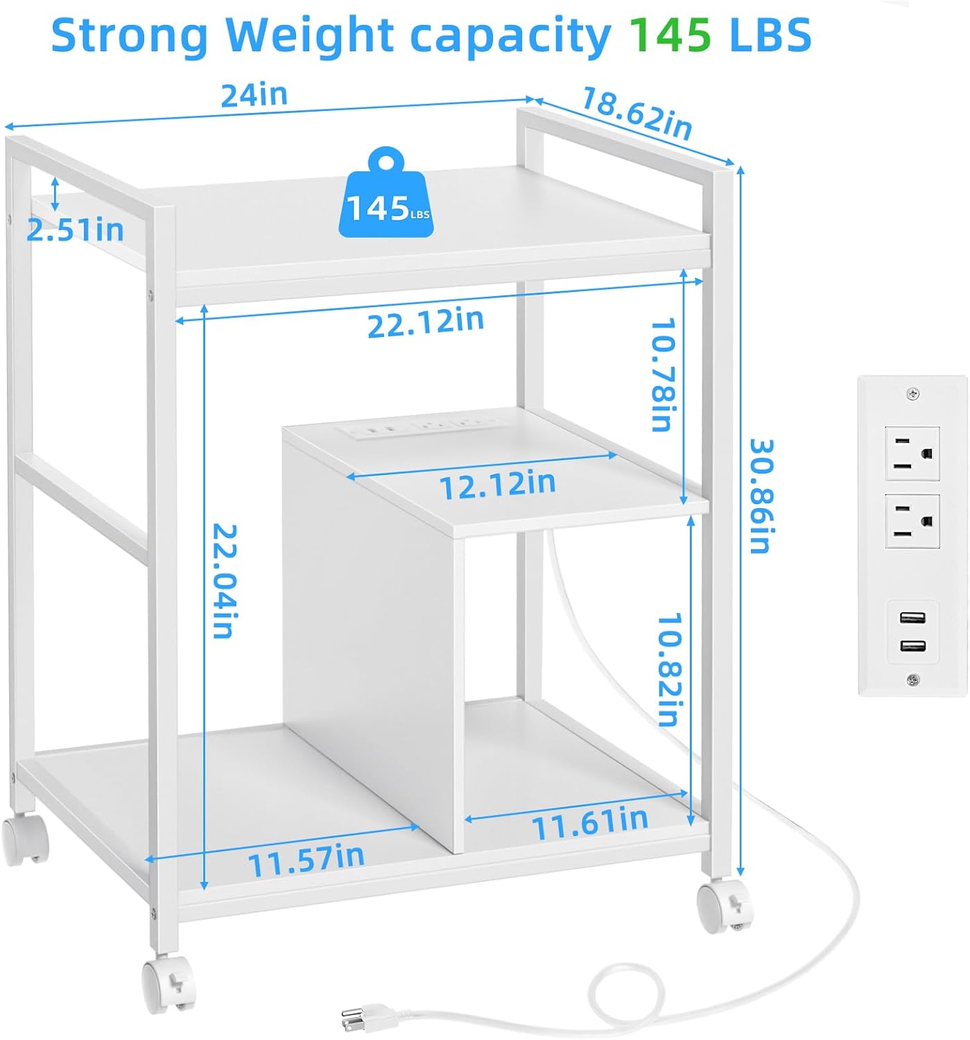 Lerliuo Printer Stand with Charging Station and USB Ports, Large 3-Tier Mobile Printer Table with Storage Shelf, White Rolling Industrial Printer Cart with Lockable Wheels for Home Office