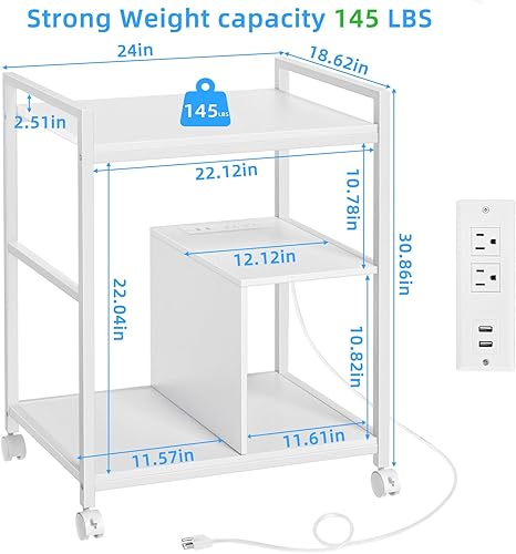 Miniatura 2 de Lerliuo Soporte de impresora con estación de carga y puertos USB, mesa de impresora móvil grande de 3 niveles con estante de almacenamiento, carrito